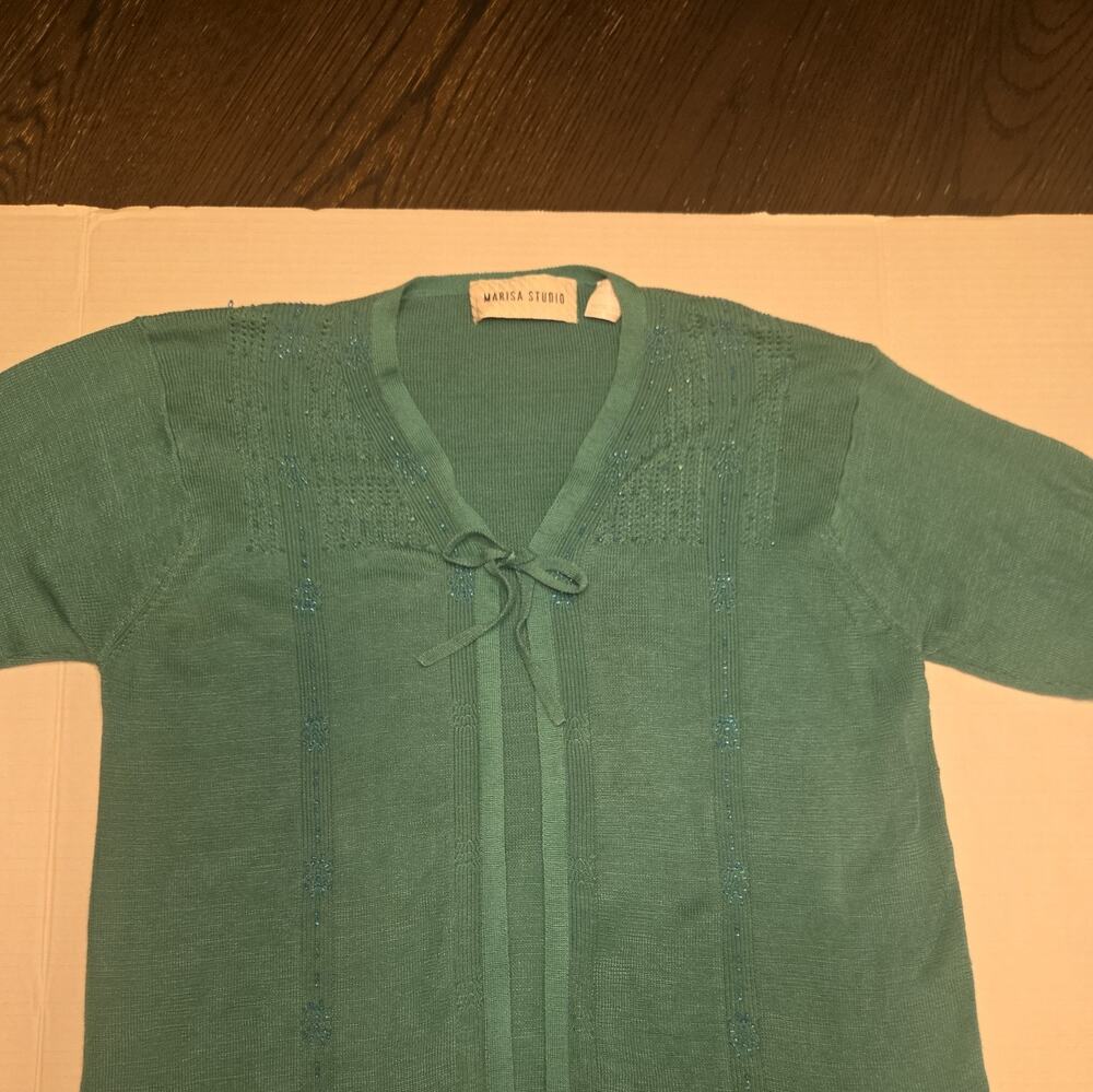 Marisa Stuido Medium Teal Knit Cardigan Sweater Tie closure w/ beaded design.